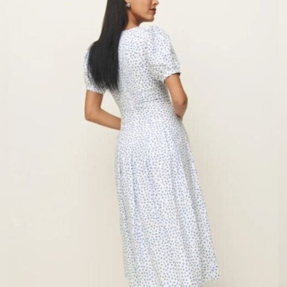 NEW Reformation Coucou Midi Linen Dress Hanna White Blue Floral | US 2 UK 6 - Picture 4 of 15